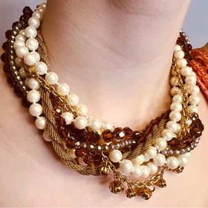 Carolee Necklace Choker Torsade Kette 16" Multi Strand Brown Ivory Gold